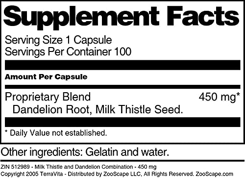 Terravita Milk Thistle and Dandelion Combination - 450 mg Capsules, 300 Count