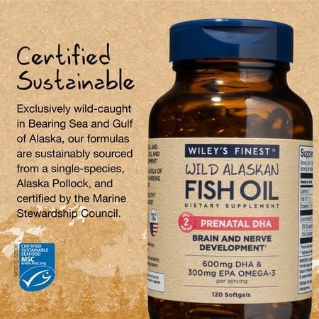 Wiley's Finest Wild Alaskan Fish Oil Prenatal DHA - 900mg EPA and DHA Omega-3s for Pregnant Women and Nursing Mothers Softgels 120 Count