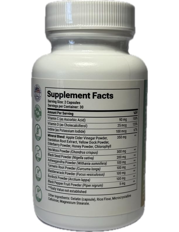 True Totality Sea Moss Capsules with Ashwagandha – Turmeric, Bladderwrack, Burdock, Elderberry, Black Seed Oil & Iodine – Immune, Energy & Stress Support Supplement – Doctor Formulated, 60 Vegan Capsules