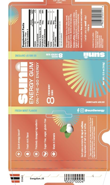 SUNII ENERGY GUM Nootropic Energy Gum Quick Boost Energy & Focus - Fresh Mint, 24 Tablets