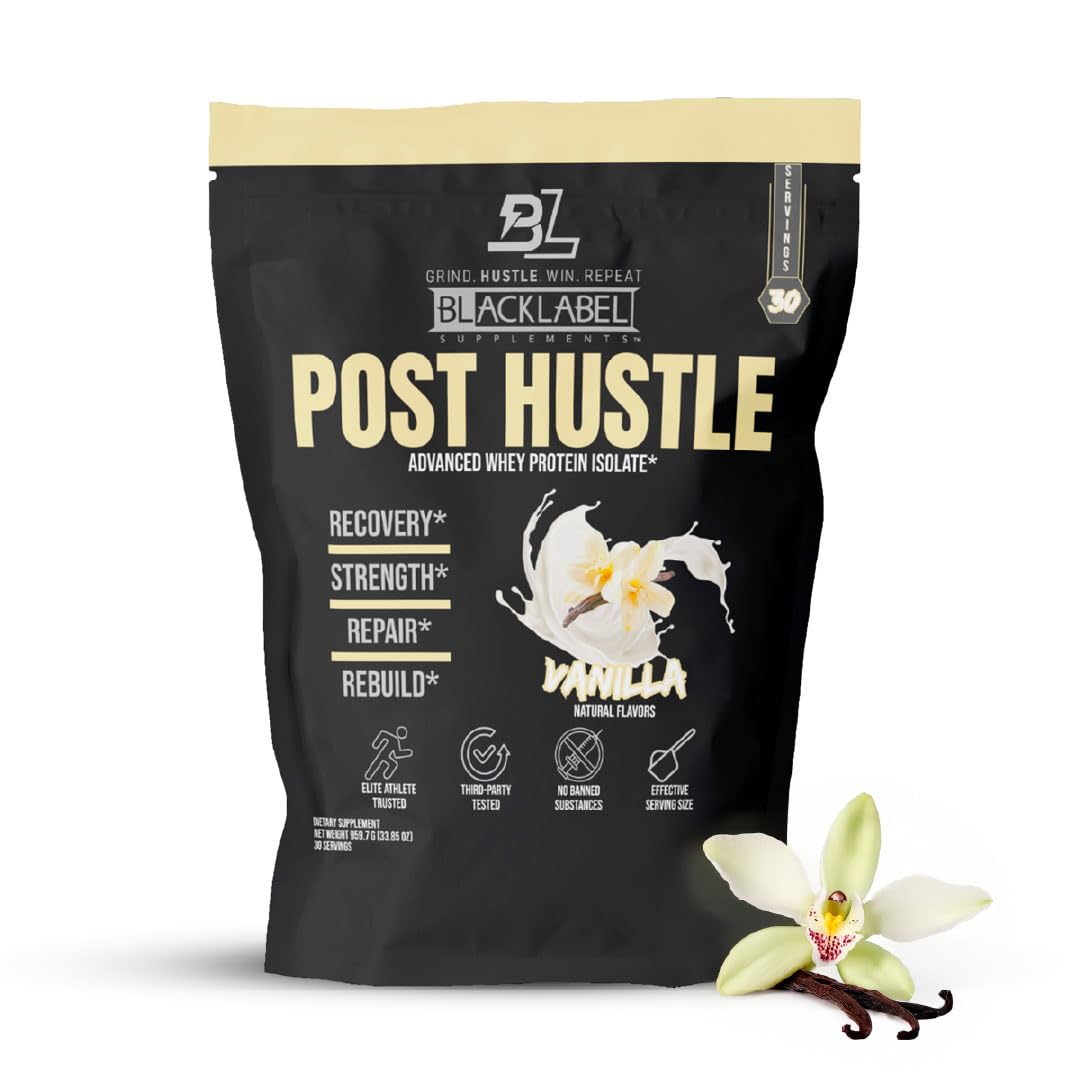 BLACKLABEL Supplements Post Hustle Post Workout Protein Powder, Whey Protein Isolate with Digestive Enzymes, Vanilla — 40 Servings