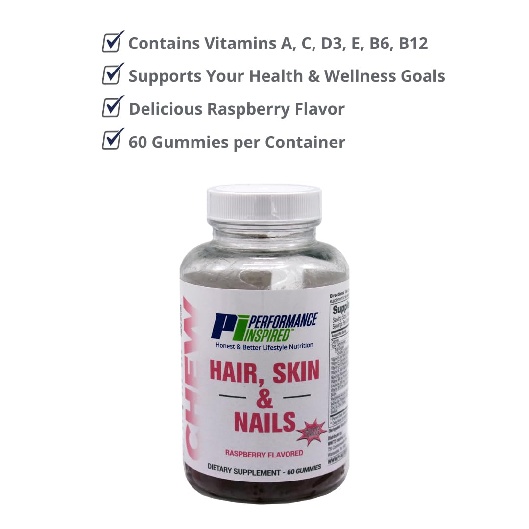 PERFORMANCE INSPIRED Hair, Skin & Nails Gummies – 3000mcg Biotin, 5mg Zinc – Raspberry Flavor – 60 Count