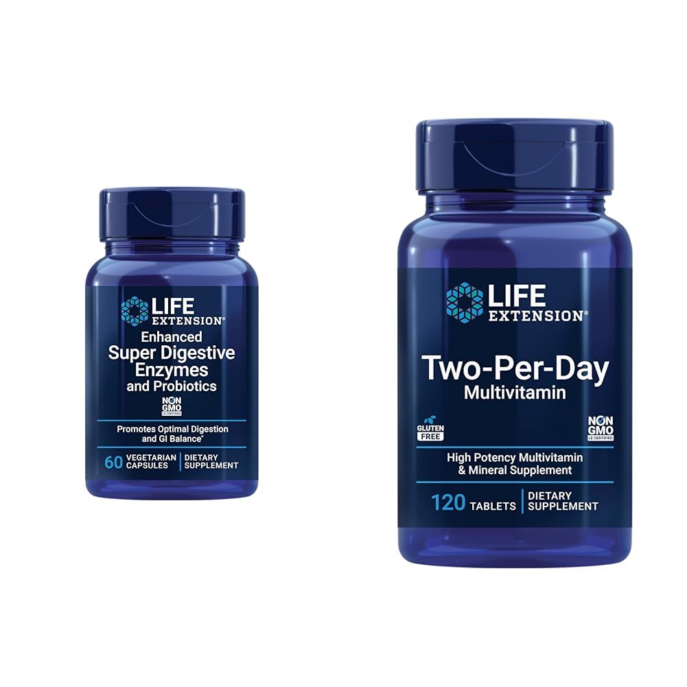 Life Extension Digestive Enzymes (60 Vegetarian Capsules) & High Potency Multi-Vitamin Supplement (120 Tablets) Bundle, 180 Total Units