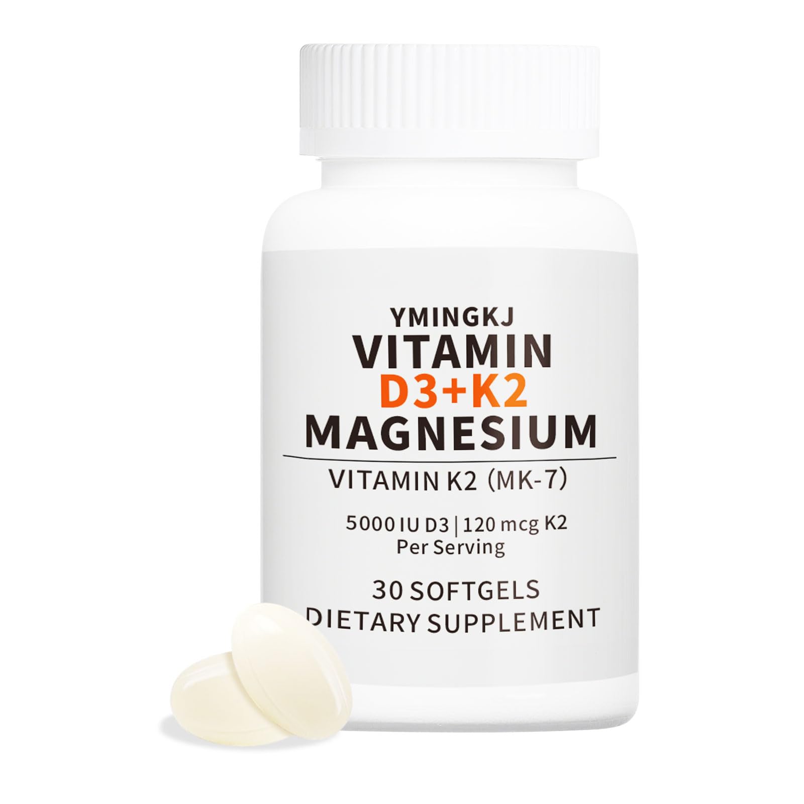 YMINGKJ Vitamin D3 K2 5000 IU Softgels with Magnesium, 120mcg MK-7 K2 for Bone Health & Immune Support, Non-GMO & Gluten-Free with MCT Oil, 30 Softgels