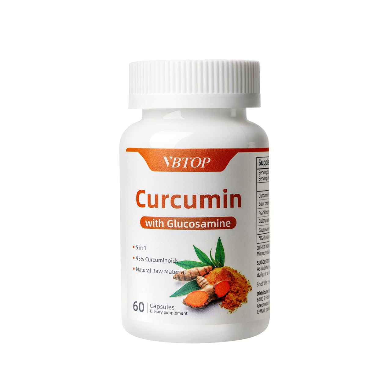 VBTOP Curcumin 95% with Glucosamine, 5-in-1 Joint Support Supplement with Sour Cherry, Frankincense & Celery Seed, 60 Capsules