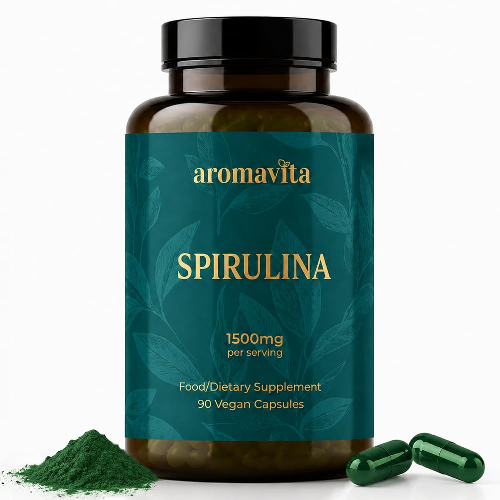 AROMAVITA Spirulina Capsule 1500mg Per Serving – Made with Organic Spirulina – Plant-Based Daily Wellness Support with Naturally Occurring Protein, Iron & Phytonutrients, 90 Vegan Capsules