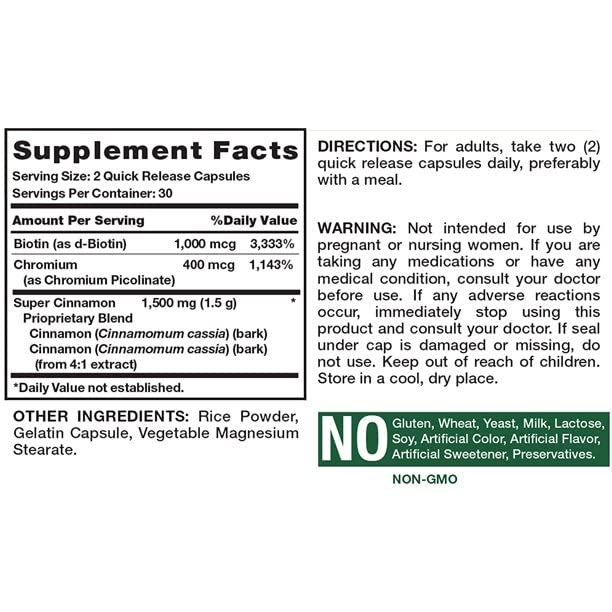 Nature's Truth Super Cinnamon Plus Biotin & Chromium Quick Release Capsules 120 Capsules