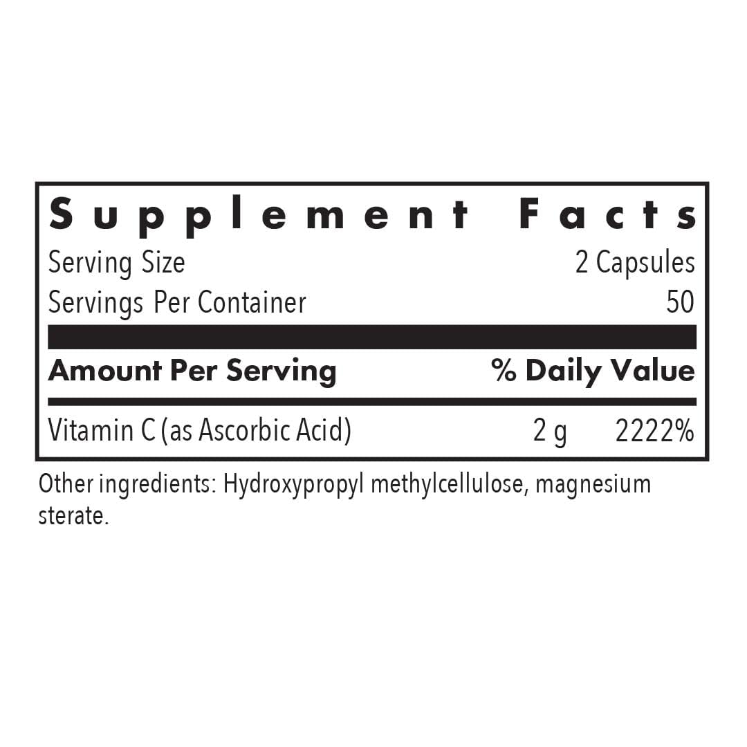 Allergy Research Group ARG Pure Vitamin C 2 g Ascorbic Acid Capsules, 100 Capsules
