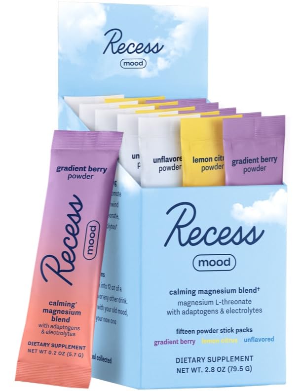 Recess Mood Powder, Magnesium L-Threonate Blend with Passion Flower, L-Theanine, Electrolytes, Magnesium Calm Support Powder Supplement - Sampler Pack, Pack of 15, 2.8 oz