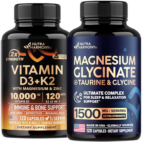 NUTRAHARMONY Vitamin D3 K2 & Magnesium Glycinate with Glycine Capsules, 240 Count