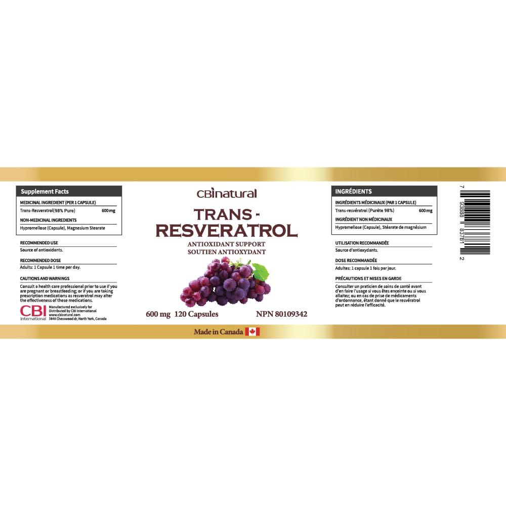 CBI Natural Trans-Resveratrol 600mg, 120 Capsules