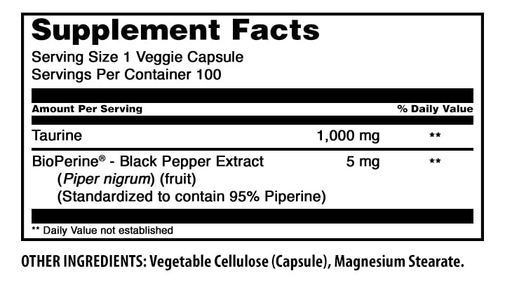 Amazing Nutrition Taurine with Bioperine 1000 Mg Capsules, 100 Count