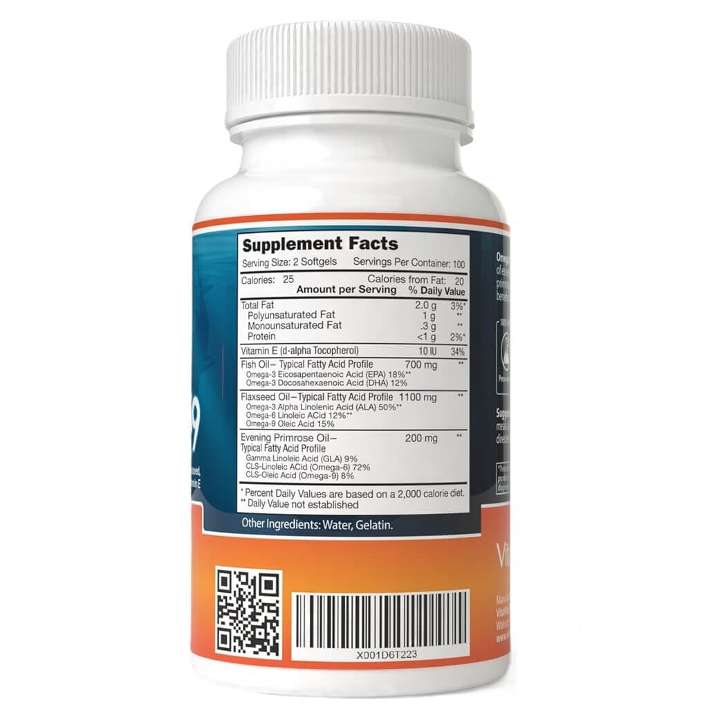 VitaVita Triple Strength Omega 3-6-9 Fish Oil, Flaxseed & Evening Primrose Oil, 2000mg EPA & DHA Softgels, Pack of 200