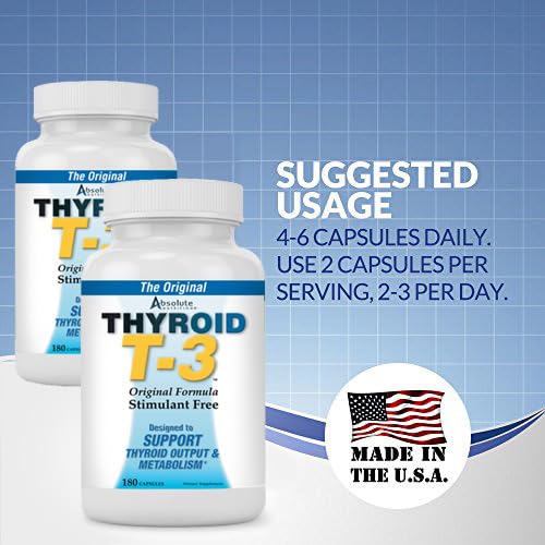 Absolute Nutrition Thyroid T-3 Radical Metabolic Booster, Energy & Focus Unflavored Thyroid Support Formula Capsules, 180 Capsules