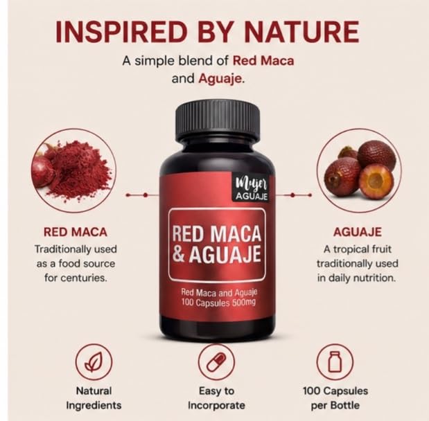 MUJER AGUAJE Red Maca & Aguaje (Buriti Fruit) Plant-Based Daily Wellness Support Capsule 1 Count