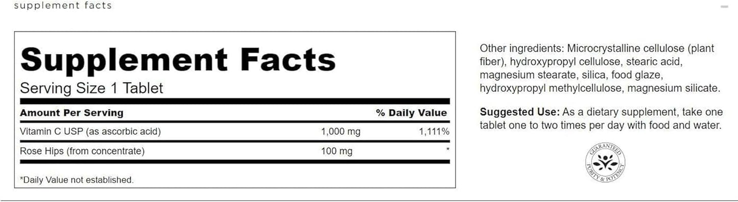 Swanson Vitamin C with Rose HIPS Immune System Support Skin Cardiovascular Health Antioxidant Supplement 1000 mg 250 Tablets