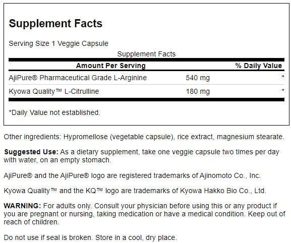 Swanson Ajipure L-Arginine with L-Citrulline 60 Veg Capsules