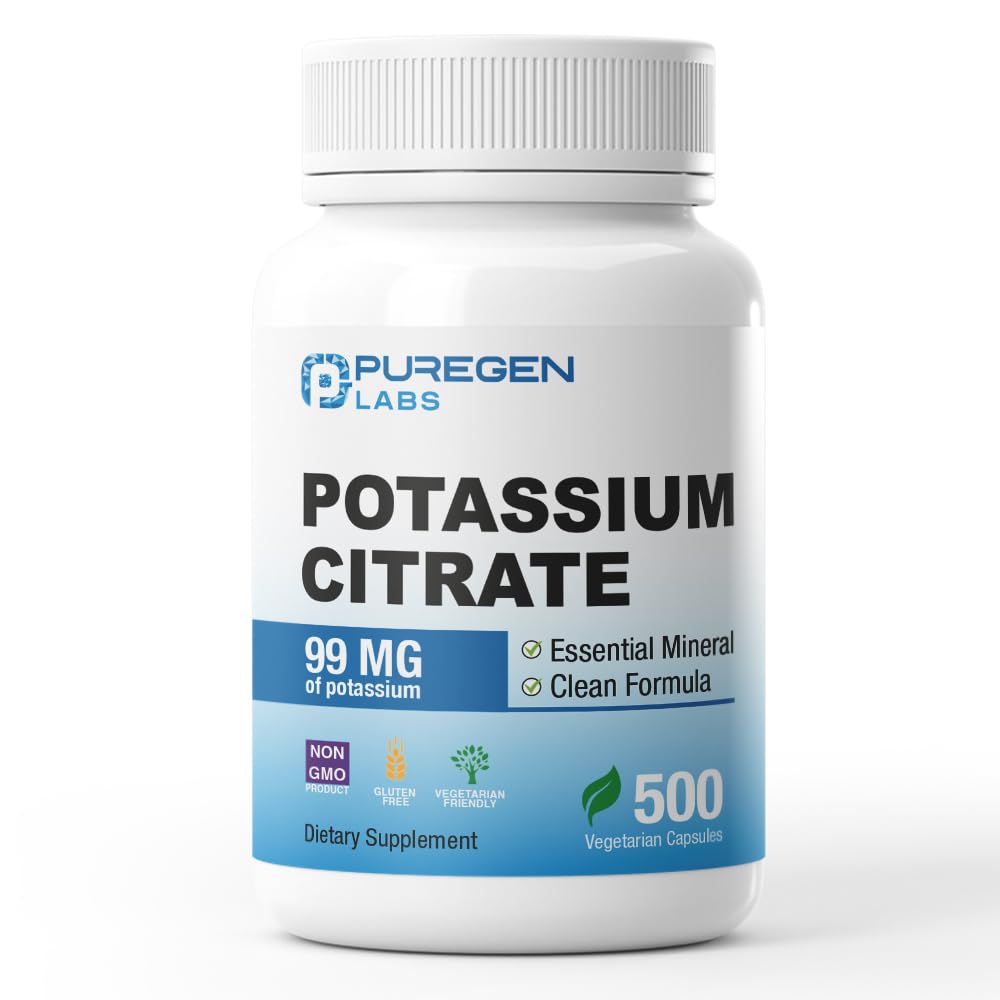P Puregen Labs Potassium Citrate 99 mg Elemental Potassium Supplement Capsules 500 Count