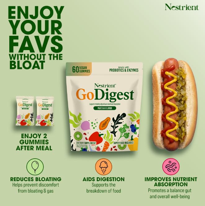 Nestrient GoDigest Probiotics & Digestive Enzymes Gummy, Matcha, 60 Count
