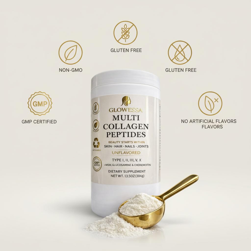 Glowessa Multi Collagen Peptides Powder – Types I, II, III, V & X – Hydrolyzed Collagen Supplement for Hair, Skin, Nails & Joint Support – Unflavored Daily Collagen for Women & Men, 13.55 oz