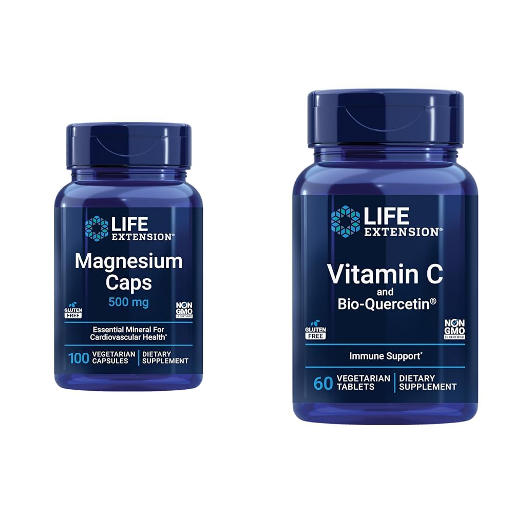 Life Extension Magnesium Capsules 500mg, Vitamin C 1000mg with Bio-Quercetin Phytosome - Heart, Bone, Immune Health - 160 Vegetarian Capsules