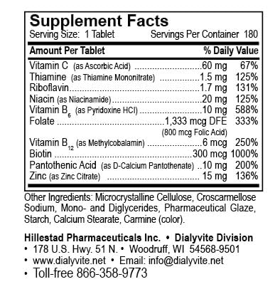 Dialyvite 800 with Zinc 15 mg Mineral Supplement for Dialysis Support Tablet, 180 Tablets