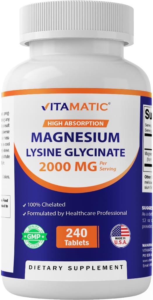 Vitamatic Magnesium as Glycinate Lysinate – 100% Chelated Magnesium - Supports Muscle Relaxation, Heart, Nerve Health* – Non-GMO, Gluten & Soy Free - 480 Tablets