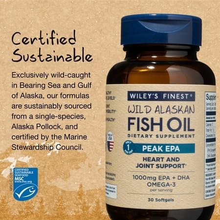 Wiley's Finest Wild Alaskan Fish Oil Peak EPA - Triple Strength Peak EPA & DHA Supplement - 1000mg Fish Oil - Omega-3s for Joint Health Support 30 Softgels