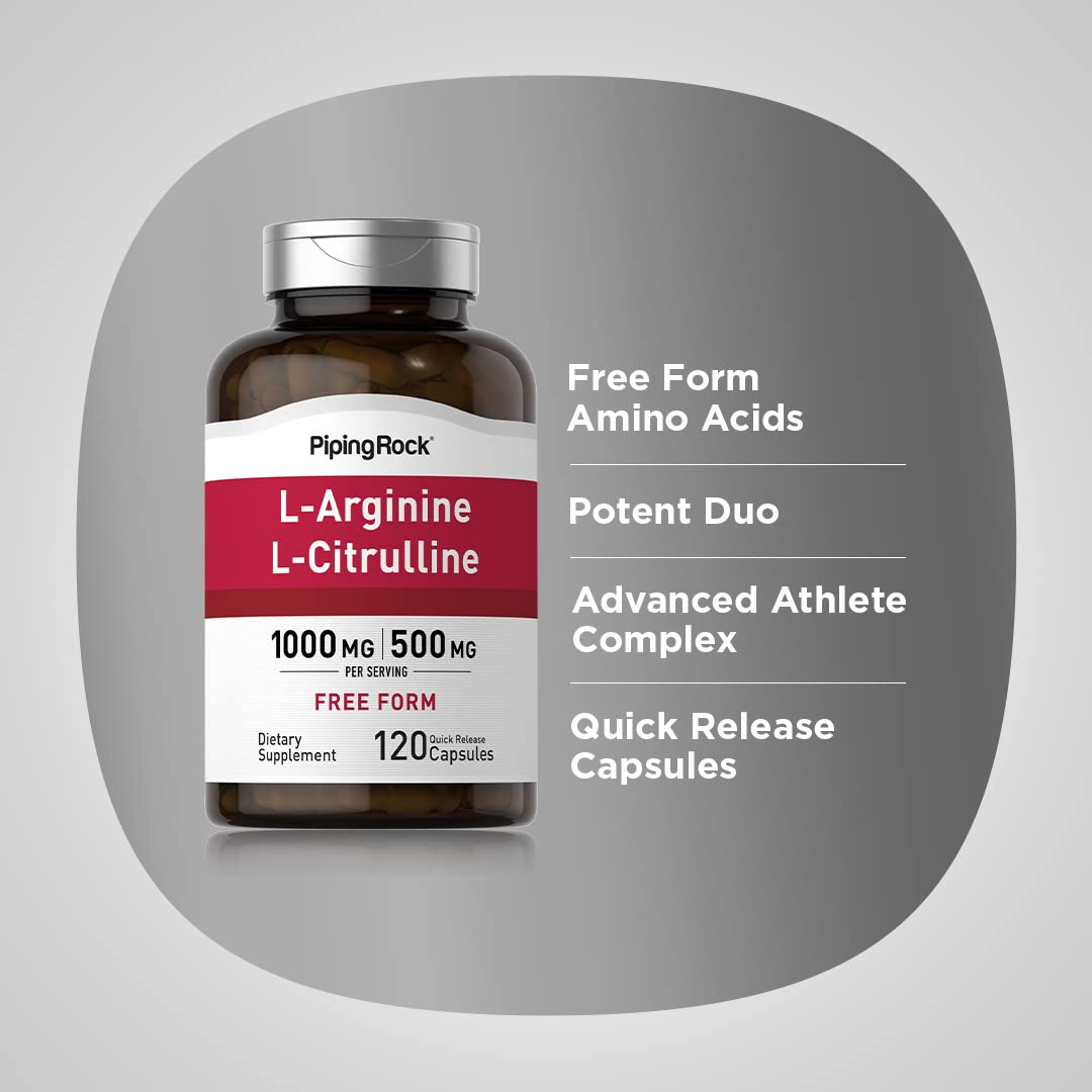 Piping Rock L-Arginine L-Citrulline Supplement 1500 mg Capsules 120 Count