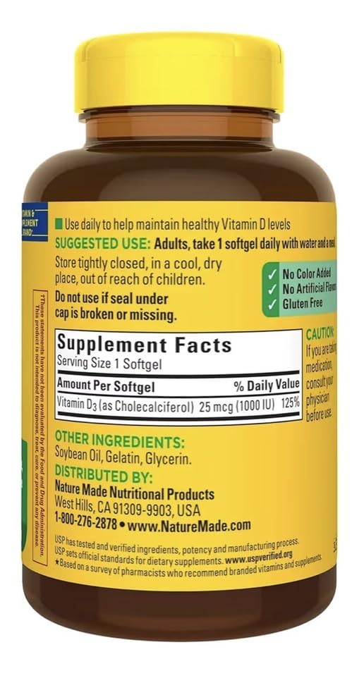 Generic Vitamin D3 25mcg (1000 IU) Softgels, 650 Count