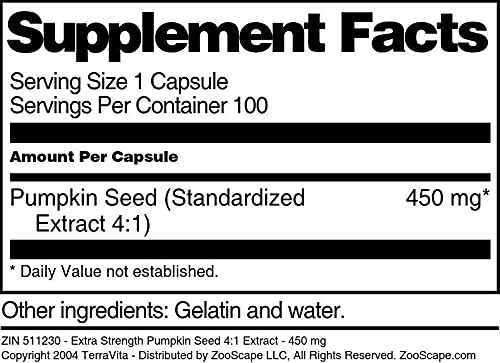 Terravita Extra Strength Pumpkin Seed 4:1 Extract 450 mg Capsules, 100 Count