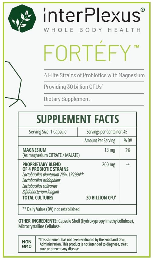 InterPlexus Fortéfy Probiotic Capsule 30 Billion CFU per Capsule with Magnesium, Gluten Free, Dairy Free, Soy Free, 45 Capsules