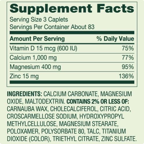 Generic Calcium Magnesium Zinc with Vitamin D3 – Bone, Muscle & Immune Support Caplets 250