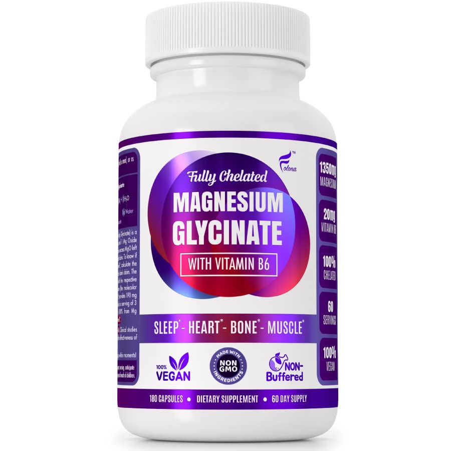 FOLONA Magnesium Glycinate with Vitamin B6 1350mg Fully Chelated Capsules, 180 Count