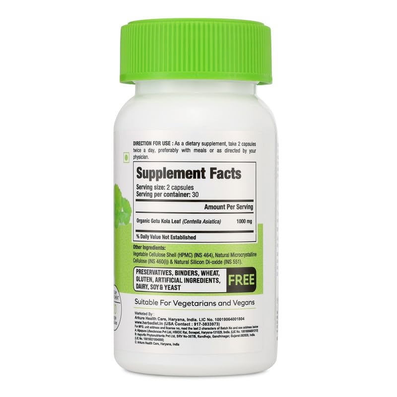 Herbadiet Organic Centella Asiatica Gotu Kola Brahmi Capsules, 120 Count