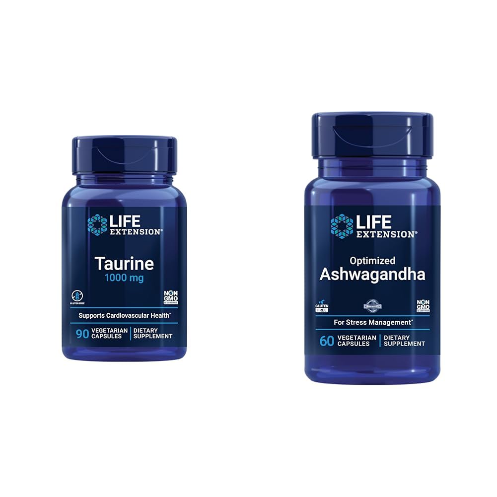 Life Extension Taurine 1000mg and Ashwagandha 60 Capsules Bundle, 150