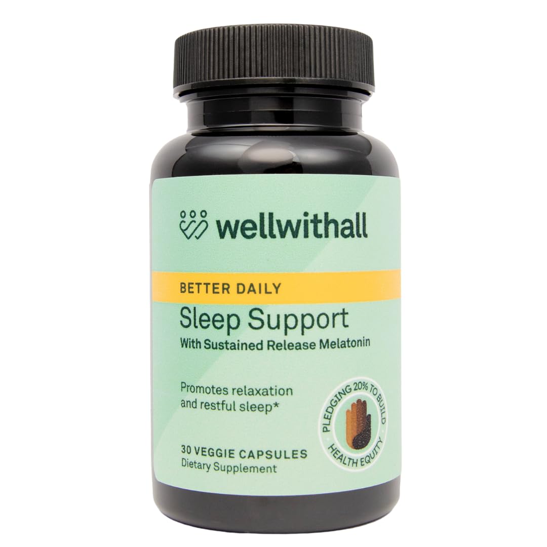 WellWithAll Sleep Support with Sustained-Release Melatonin, L-Theanine & Ashwagandha Capsules, 30 Count