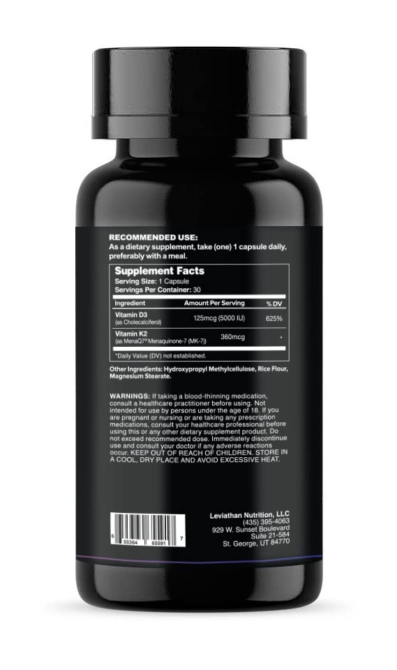 Leviathan Nutrition Vitamin D3 K2 2 in 1 Formula Capsule, 30 Count