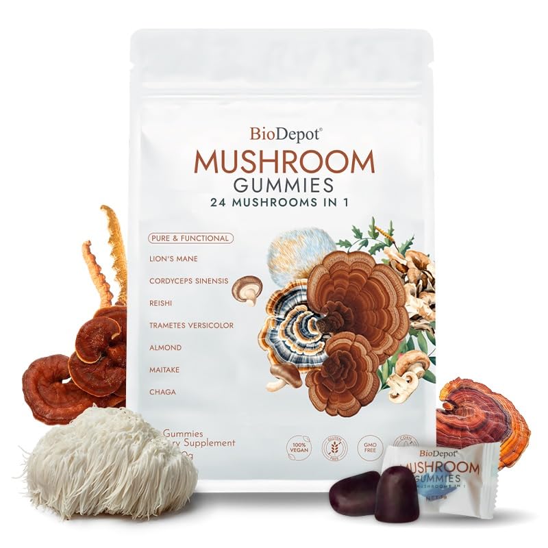 Biodepot Super Mega Mushroom Gummies 24 in 1 Daily Mushroom Supplement Gummy, 120 Gummies