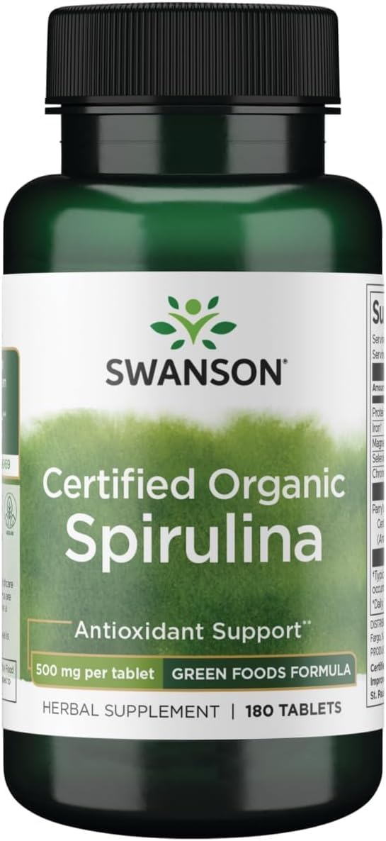 Swanson Certified Organic Spirulina 500 mg Vegan Tablet, 180 Tablets
