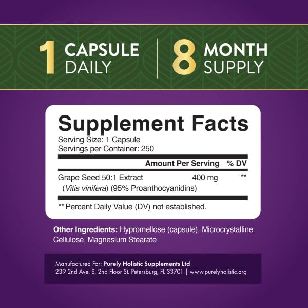 Purely Holistic Grape Seed Extract Capsules, 250 Count