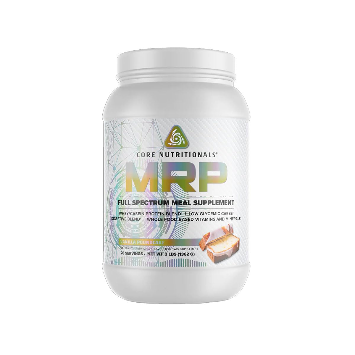 Core Nutritionals MRP Full Spectrum Meal Replacement Whey Protein Blend + Low Glycemic Carb Blend 27g Protein Powder Vanilla Poundcake 3 Pound 48 Servings
