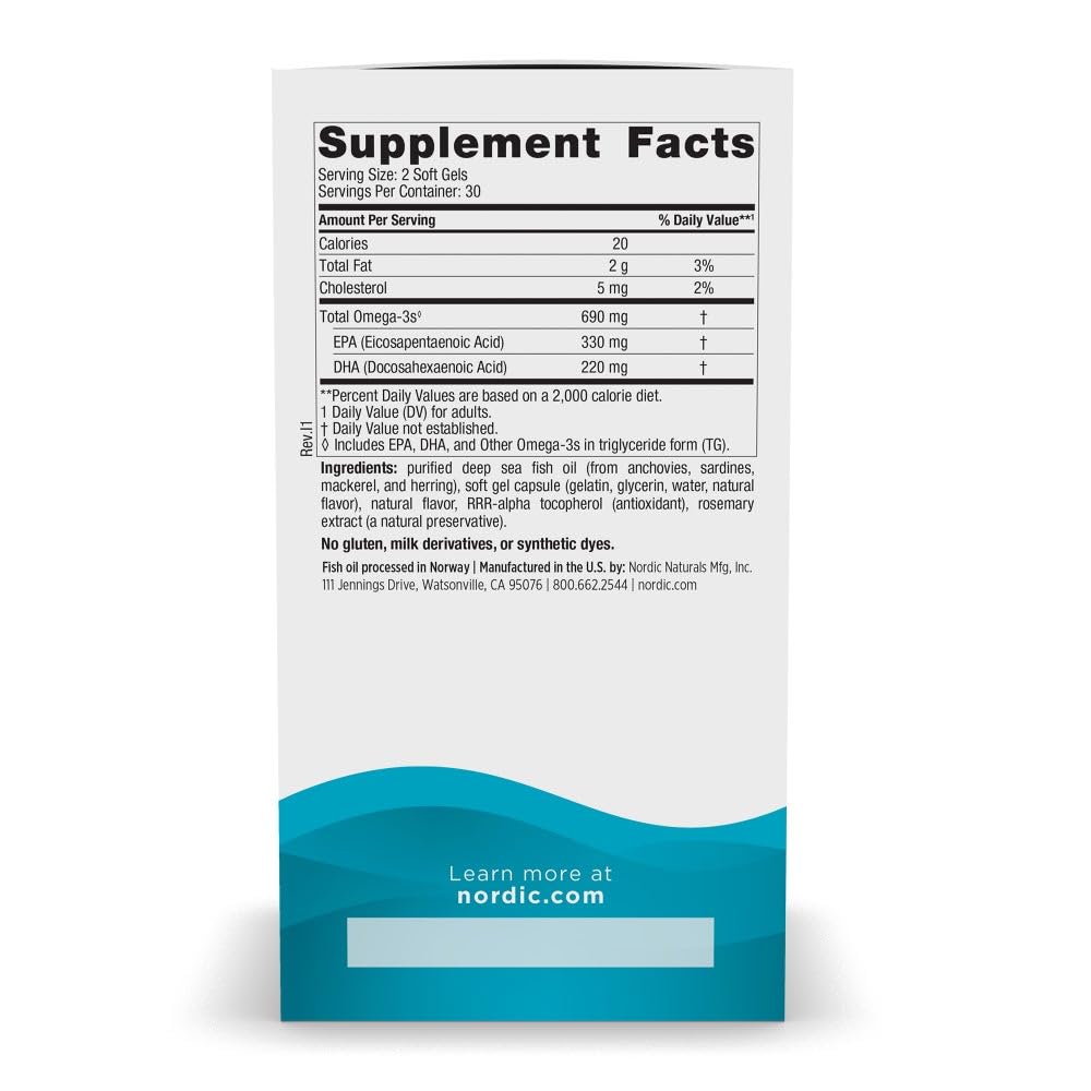 Nordic Naturals Omega-3 Softgel, 690mg Fish Oil EPA & DHA Lemon, 60 Count