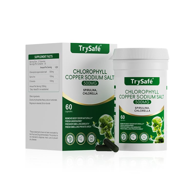 TrySafe Natural Chlorophyll Capsules with Copper Sodium Salt, Spirulina & Chlorella, Detox & Digestion Support, 60 Capsules