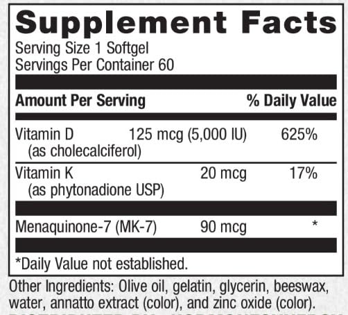 HormoneSynergy Vitamin D3 5000 Plus K2 Softgels, 60 Count