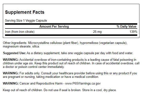 Swanson Iron Citrate 25 mg Capsule, 60 Count