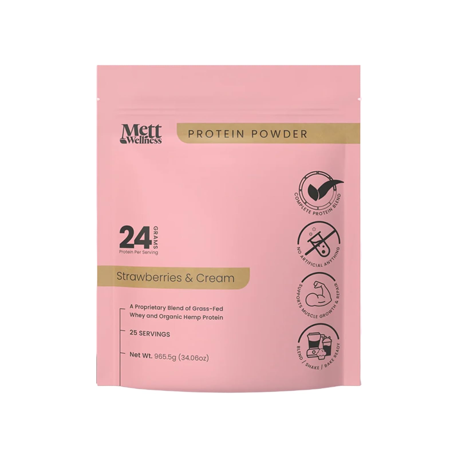 Mett Wellness Strawberries & Cream Grass-Fed Whey + Hemp Heart Protein Powder with Bovine Collagen, 25 Servings, Powder