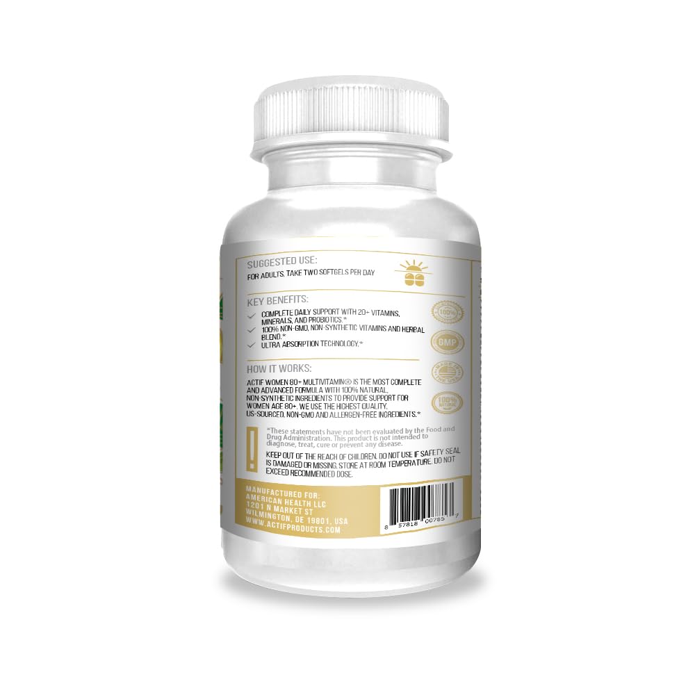 ACTIF Organic Multivitamin for Women Age 80+ with 20+ Advanced Factors and Omega-3 Softgels, 90 Count