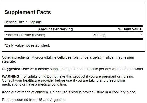 Swanson Raw Pancreas Glandular 500 mg Capsules, 60 Count