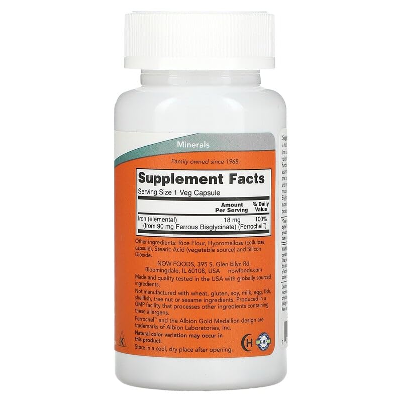 NOW Foods Iron Ferrochel 18 mg Capsules, 240 Capsules
